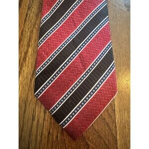 Vintage Panache Six Fold Silk Tie Mens Red Black Geometric Chevron Striped Thick